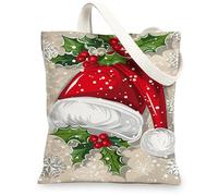 Borse di totalizzatore della tela di vacanza, borse della spesa riutilizzabili di progettazione del cappello di Natale festivo, tracolla lavabile leggera stagion, Rosso, 13x15 Inch