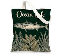 Borse di totalizzatore della tela di vita dell'oceano, borse riutilizzabili della drogheria del modello animale marino, tracolla lavabile leggera d'ann, verde scuro, 13x15 Inch