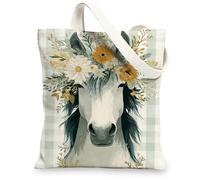 Borse di totalizzatore della tela floreale, borse della spesa riutilizzabili di disegno del cavallo, borse della tela della cinghia della spalla lavabile leggera dell'annata per Gy, bianco, 13x15 Inch
