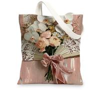 Borse di totalizzatore della tela floreale, borse della spesa riutilizzabili di progettazione elegante del fiore, cinghia lavabile leggera chic dell'annata può, Pesca, 13x15 Inch