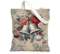 Borse di totalizzatore della tela floreale di Natale, borse della spesa riutilizzabili del modello della rosa e della campana, tracolla leggera lavabile per Hol, Rosso, 13x15 Inch