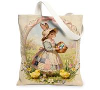 Borse di totalizzatore della tela floreale di Pasqua, borse della spesa riutilizzabili di progettazione dell'annata del coniglio, tela leggera lavabile della tracolla per, Beige, 13x15 Inch