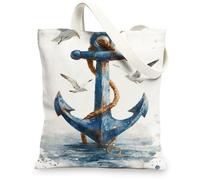 Borse di totalizzatore della tela nautica, borse della spesa riutilizzabili di disegno delle ancore, borse della tela della spalla lavabili leggere per il viaggio, Blu, 13x15 Inch