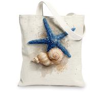 Borse di totalizzatore della tela nautica, borse della spesa riutilizzabili di progettazione della stella marina e della conchiglia, tracolla lavabile leggera casuale può, Beige, 13x15 Inch