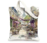 Borse di totalizzatore della tela parigine, borse riutilizzabili della drogheria del modello artistico del paesaggio urbano, tracolla lavabile leggera d'annata Ca, bianco, 13x15 Inch