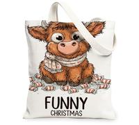 Borse di totalizzatore di Natale della mucca, borse della spesa riutilizzabili del modello di vacanza degli animali carini, tela leggera lavabile per il viaggio essere, bianco, 13x15 Inch