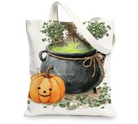 Borse di totalizzatore di tela fantasiose, borse della drogheria riutilizzabili del modello del calderone della zucca dell'annata, tracolla lavabile leggera Canv, bianco, 13x15 Inch