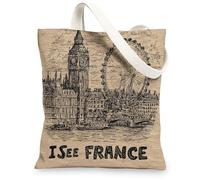 Borse di totalizzatore di tela sceniche, borse della spesa riutilizzabili di progettazione di paesaggio urbano dell'annata, borse della spesa lavabili leggere di viaggio per il negozio, Beige, 13x15