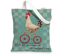 Borse di totalizzatore divertenti della tela del pollo, borse della spesa riutilizzabili della stampa animale fantasiosa, spalla lavabile leggera della fattoria retrò, Blu, 13x15 Inch