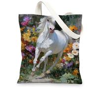 Borse di totalizzatore floreali della tela, borse della drogheria riutilizzabili di progettazione elegante del cavallo, la tracolla lavabile leggera del giardino dell'annata può, bianco, 13x15 Inch