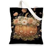 Borse di totalizzatore floreali della tela, borse della spesa ecologiche di progettazione del fiore della zucca d'annata, borse lavabili leggere eleganti della tela, nero, 13x15 Inch