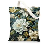 Borse di totalizzatore floreali della tela, borse riutilizzabili eleganti della drogheria della stampa del fiore, borsa di tela lavabile leggera dell'annata della tracolla, bianco, 13x15 Inch