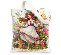 Borse di totalizzatore floreali della tela, borse riutilizzabili variopinte della drogheria di progettazione del fiore, tracolla lavabile leggera dell'annata C, bianco, 13x15 Inch