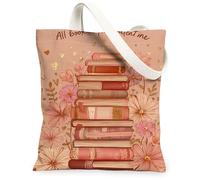 Borse di totalizzatore floreali della tela dei libri, borse riutilizzabili della drogheria di progettazione della pila di libri d'annata, tela lavabile leggera della tracolla, Pesca, 13x15 Inch