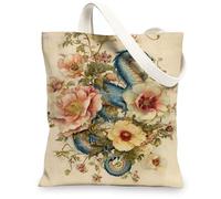 Borse di totalizzatore floreali della tela del drago, borse della spesa riutilizzabili eleganti del modello del fiore dell'annata elegante, tela lavabile, Blu, 13x15 Inch