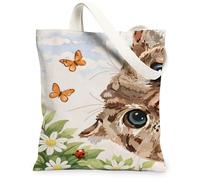 Borse di totalizzatore floreali della tela del gatto, borse riutilizzabili della drogheria della stampa animale artistica, spalla lavabile leggera d'annata della primavera Stra, Beige, 13x15 Inch