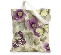 Borse di totalizzatore floreali della tela della farfalla, borse riutilizzabili della drogheria di progettazione elegante del fiore, spalla lavabile leggera d'annata della primavera, Viola, 13x15 Inch