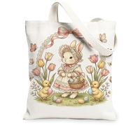 Borse di totalizzatore floreali della tela della primavera, borse della drogheria riutilizzabili del modello del coniglietto e del pulcino, spalla lavabile leggera di Pasqua, bianco, 13x15 Inch