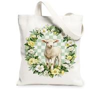 Borse di totalizzatore floreali della tela della primavera, borse riutilizzabili del modello del fiore di progettazione delle pecore, tracolla lavabile leggera d'annata Canv, bianco, 13x15 Inch