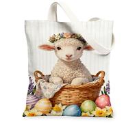 Borse di totalizzatore floreali della tela della primavera, borse riutilizzabili della drogheria di progettazione dell'agnello sveglio, tracolla lavabile leggera d'annata di Pasqua, bianco, 13x15 Inch