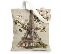 Borse di totalizzatore floreali della tela della torre di Parigi, borse della drogheria riutilizzabili del modello floreale alla moda, st della spalla, Beige, 13x15 Inch