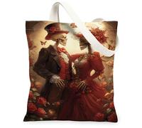 Borse di totalizzatore floreali della tela di Halloween, borse riutilizzabili della drogheria di progettazione delle coppie di scheletro, spalla lavabile leggera retrò, Rosso, 13x15 Inch