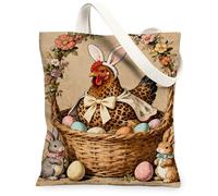 Borse di totalizzatore floreali della tela di Pasqua, borse riutilizzabili della drogheria del modello vintage del pollo del coniglio, tela lavabile leggera Fo della primavera, Beige, 13x15 Inch