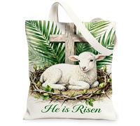 Borse di totalizzatore floreali della tela di Pasqua, borse riutilizzabili della drogheria di progettazione dell'agnello, tracolla lavabile leggera d'annata della primavera, bianco, 13x15 Inch