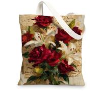 Borse di totalizzatore floreali della tela, eleganti borse della spesa riutilizzabili del modello di arte del fiore, spalla lavabile leggera artistica d'annata, Rosso, 13x15 Inch