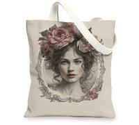 Borse di totalizzatore floreali dell'annata della tela, borse della spesa riutilizzabili di progettazione artistica del fiore, totalizzatore lavabile leggero fo della tracolla, Beige, 13x15 Inch