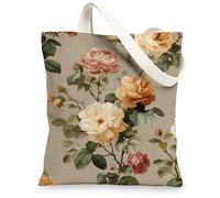 Borse di totalizzatore floreali dell'annata della tela, borse della spesa riutilizzabili eleganti del modello del fiore, totalizzatore lavabile leggero della tracolla, Beige, 13x15 Inch