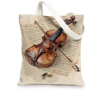 Borse di totalizzatore musicali della tela, borse riutilizzabili della drogheria del modello di arte del violino, borse di tela lavabili leggere dell'annata della tracolla, Beige, 13x15 Inch