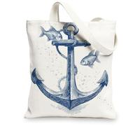 Borse di totalizzatore nautiche della tela, ancoraggi marini e borse della spesa riutilizzabili di progettazione del pesce, alla moda della spiaggia leggera lavabile dovrebbe, bianco, 13x15 Inch