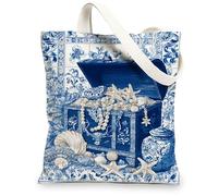 Borse di totalizzatore nautiche della tela, borse della spesa riutilizzabili di progettazione elegante del tesoro dell'oceano, leggero lavabile di stile costiero, Blu, 13x15 Inch