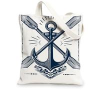 Borse di totalizzatore nautiche della tela, borse della spesa riutilizzabili di progettazione elegante del remo delle ancore, spalla lavabile leggera marina d'annata, bianco, 13x15 Inch