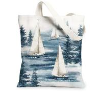 Borse di totalizzatore nautiche invernali della tela, borse riutilizzabili della drogheria del modello della barca a vela, tracolla lavabile leggera d'annata, Blu, 13x15 Inch