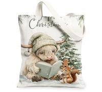 Borse di totalizzatore riutilizzabili della tela degli animali di Natale, borse della drogheria riutilizzabili di progettazione della mucca dell'altopiano e dello scoiattolo, Ca lavabile leggero