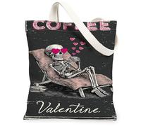Borse di totalizzatore riutilizzabili della tela del caffè dello scheletro di San Valentino, borse della drogheria riutilizzabili del modello sveglio del cuore, tracolla lavabile, nero, 13x15 Inch