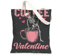 Borse di totalizzatore riutilizzabili della tela del caffè dello scheletro di San Valentino, borse della drogheria riutilizzabili di progettazione gotica sveglia C, tracolla lavabile, nero, 13x15 Inch