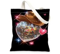 Borse di totalizzatore riutilizzabili della tela del cuore della discoteca, borse della drogheria riutilizzabili del modello del cappello da cowboy, tela lavabile leggera dell', nero, 13x15 Inch