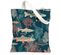 Borse di totalizzatore riutilizzabili della tela di vita dell'oceano, borse della drogheria riutilizzabili del modello del corallo del pesce, lavabili leggeri della Boemia naut, Navy, 13x15 Inch