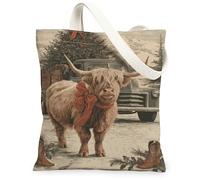 Borse di totalizzatore rustiche d'annata della tela, borse riutilizzabili della drogheria di progettazione della mucca dell'altopiano, st lavabile leggero della, Marrone, 13x15 Inch