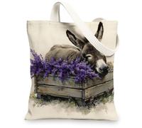 Borse di totalizzatore rustiche della tela, borse della spesa riutilizzabili del modello artistico dell'asino e della lavanda, tracolla lavabile leggera C, Beige, 13x15 Inch