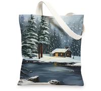 Borse di totalizzatore sceniche della tela, borse della spesa riutilizzabili di progettazione artistica del paesaggio invernale, lavaggio leggero ecologico rustico accogliente, Blu, 13x15 Inch