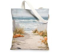 Borse di totalizzatore sceniche della tela, borse della spesa riutilizzabili ecologiche del modello del percorso della spiaggia della natura, Washabl leggero rustico della Boemia, Azzurro chiaro