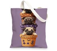 Borse di totalizzatore sveglie della tela del carlino, borse della drogheria riutilizzabili del modello adorabile del cane, borse di tela della tracolla lavabili leggere per, Viola, 13x15 Inch