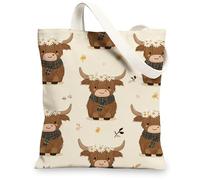 Borse di totalizzatore sveglie della tela della mucca dell'altopiano, borse riutilizzabili della drogheria del modello animale adorabile, tracolla lavabile leggera Canv, Beige, 13x15 Inch