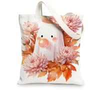 Borse di totalizzatore sveglie della tela di fantasma, borse riutilizzabili della drogheria del modello floreale, borse lavabili leggere della tela della tracolla per il negozio, bianco, 13x15 Inch