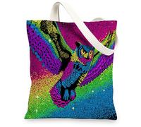 Borse di totalizzatore variopinte della tela del gufo, borse della spesa riutilizzabili del modello animale vibrante, tracolla lavabile leggera, Colorato, 13x15 Inch