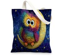 Borse di totalizzatore variopinte della tela del gufo, borse della spesa riutilizzabili del modello artistico del gufo e della luna, Shou lavabile leggero di fantasia divertente, Colorato, 13x15 Inch
